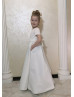 Short Sleeves Ivory Satin Flower Girl Dress